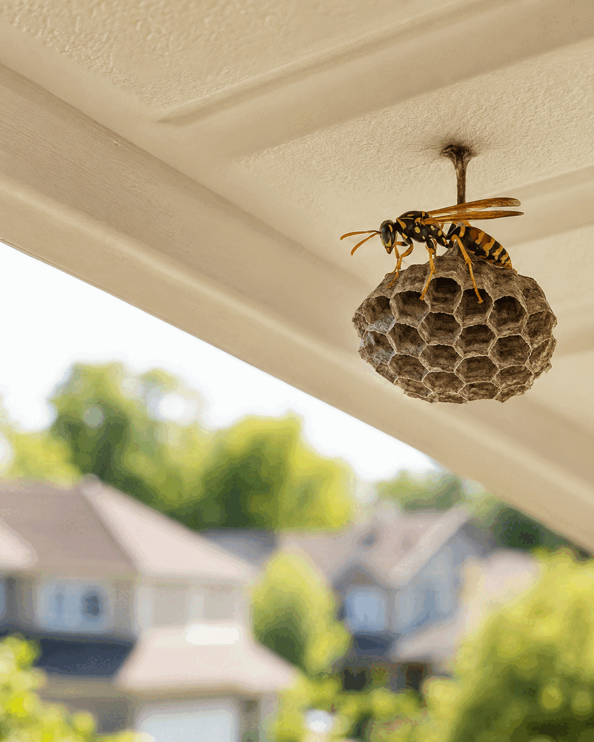 Paper wasp and nest beneath a residential eave